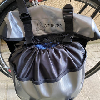 744 Aquapac Front Pannier on bike with open lid 2
